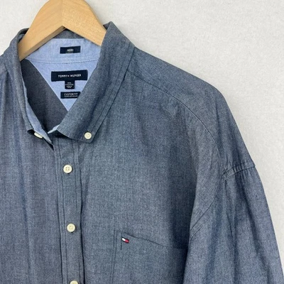 TOMMY HILFIGER Shirt Mens 3XL Indigo Chambray Button Up Custom Fit Cotton Blue - Image 1 of 4