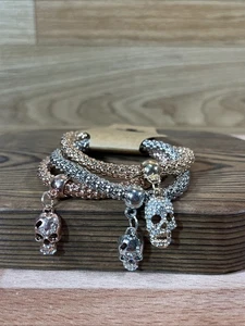 Rhinestone Skull Charm Bracelet Trio - Gold Silver Rose Tones Stretch Bangles - Picture 1 of 4