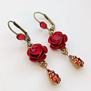 Elegant Michal Negrin Earrings Red Romantic Rose Enamel Drop Vintage Floral Gift - Picture 1 of 13