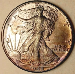 RUSTIC TONED ALMOST GEM 1942 WALKING LIBERTY WELL STRUCK 90% SILVER 50c - Picture 1 of 2