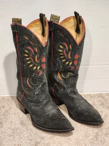 Justin Vintage Inlay Black Leather Cowboy Boots – Point Toe, Size 10 EE - Picture 1 of 14