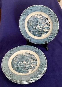 4 Royal China Ironstone Currier & Ives Speiseteller "The Old Schrotmühle" blau 10 - Bild 1 von 8