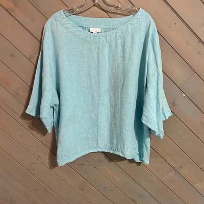 Top de lino Pure Jill para mujer mediano M azul agua manga 3/4 cuello barco informal Foto 1 de 4