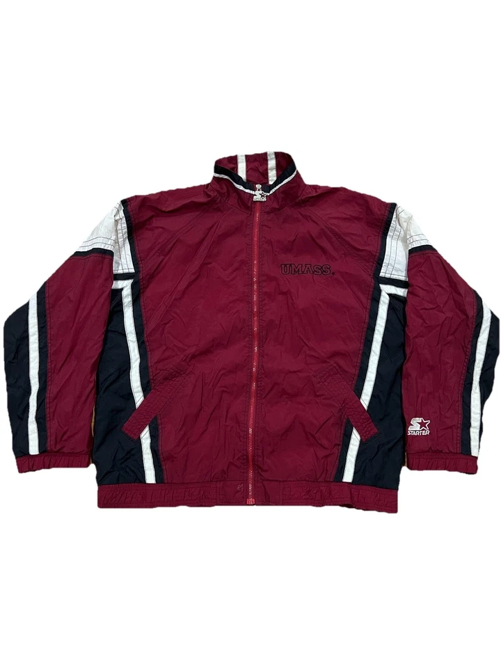 Vintage Starter UMass Minutemen nylon windbreaker jacket in maroon and white - Image 1 of 4
