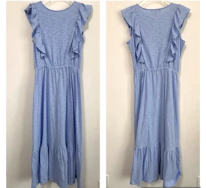 LOFT Ruffle Tiered Dress S Blue Pullover Spring Summer Midi Cotton Sundress NEW - Picture 1 of 8