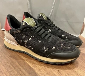 VALENTINO GARAVANI Rockstud Black Lace/Pink Suede Sneaker EU 38/US 8 Worn ONCE - Picture 1 of 11