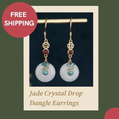 White  Jade Crystal Drop Dangle Earrings Boho Gemstone Ear Hook 18K Gold Plated - Image 1 of 4