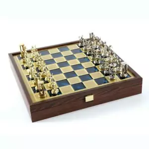 Manopoulos Minoan Period Chess Set - Brass Nickel Pawns - Blue Wooden case Board - Picture 1 of 5