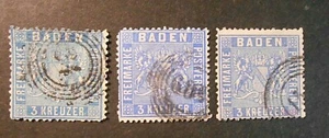 GERMANIA ,GERMANY ,Old State 1860-62  BADEN Stemma  3K x 3 used Mi.10 a/b/c - Picture 1 of 2