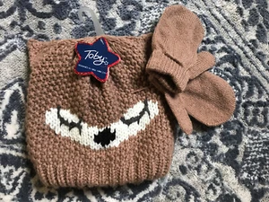 TOBY BOYS 12-24 MONTHS HAT & MITTEN SET Brown Animal Ears! Knit Embroidered NWT! - Picture 1 of 5