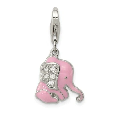 925 Argento Sterling Bambini Rosa Smaltato W/Zirconia Cubica Ciondolo Elefante - Immagine 1 di 3