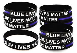 10 Blue Lives Matter Thin Blue Line Police Support Silicone Wristband Bracelet - Picture 1 of 11