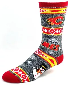 Calgary Flames Hockey Red & Gray Marbled Holiday Christmas Snowman Crew Socks - Picture 1 of 3