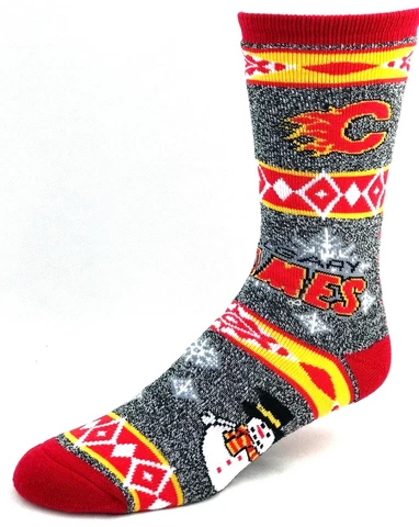 Calgary Flames Hockey Red & Gray Marbled Holiday Christmas Snowman Crew Socks Cover