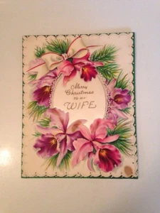 Vintage Hallmark Weihnachtskarte Frau lila Orchidee Blumen Stoff groß - Bild 1 von 12