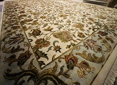 Ethan Allen 9’x12’  Handmade Indian Rug Ivory/Green  Hand Knotted Wool & Silk - Image 1 of 4