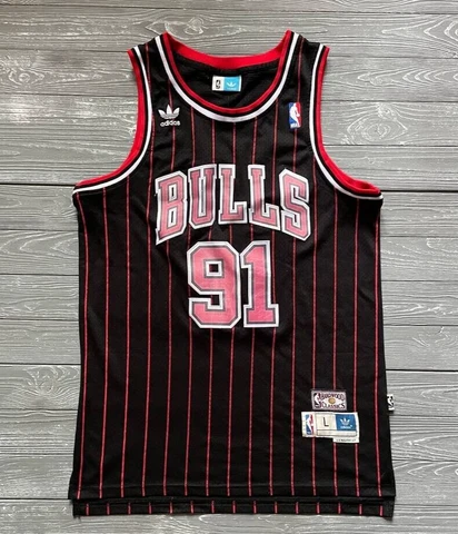 DENNIS RODMAN #91 Chicago Bulls Black Striped adidas NBA Jersey Size L Cover