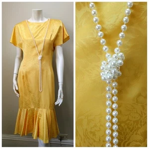 VTG 80's DIAMOND RUN YELLOW FLAPPER DRESS S PEARL NECKLACE FLORAL BROCADE WAYNE - Picture 1 of 9
