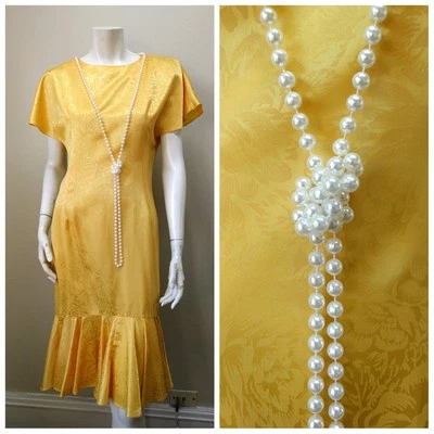 VTG 80's DIAMOND RUN YELLOW FLAPPER DRESS S PEARL NECKLACE FLORAL BROCADE WAYNE - Image 1 of 4