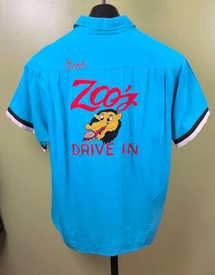 Vtg BOWLRITE Bowling Shirt sz Med 50's Turquoise Chainstitched "Zoo's Drive In" - Image 1 of 4
