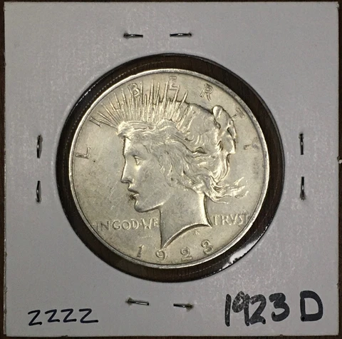 1923-D Peace Dollar- Brilliant Luster; Excellent Detail; AU:  #2222 Cover