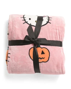 NWT Hello Kitty Pumpkin Halloween Pink Throw Blanket Full/Queen 90” x 90” - Picture 1 of 3