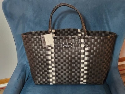 NWT Kate Spade New York Large Woven Tote Bag Black and White Striped Tote Bag - Image 1 of 4