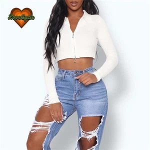 Maglione donna moda Nova "Zip It In" cropped bianco a costine - Taglia S - Foto 1 di 7