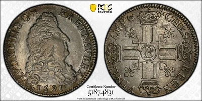 FRANCE KING LOUIS XIIII  1691-B   1/4 ECU SILVER COIN, PCGS CERTIFIED XF40 - Image 1 of 4