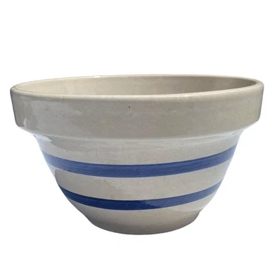 Vtg Robinson Ransbottom Stoneware Mixing Bowl Blue Stripes Farmhouse 7" 1/2 Qt - Image 1 of 3