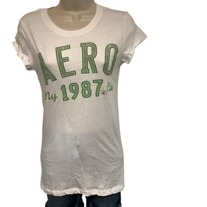 Aeropostale T-Shirt Tee Damen Gr. M S/S weiß Aero 1987 grün silber Glitzer - Bild 1 von 10