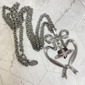 Vivienne Westwood Necklace Ribbon Heart Orb Gunmetal Black with drawstring - Picture 1 of 7