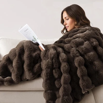 Luxury Bubble Throw Blanket, Brown Faux Rabbit Fur Mink Plush Throw for Couch... - Image 1 of 4