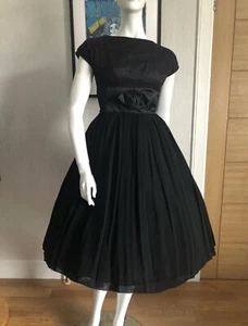 Original 1950s Black Satin And Chiffon Dress With Wine Lace Bodice. - Picture 1 of 10