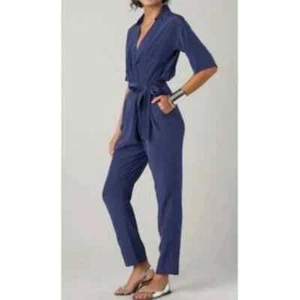 Diane von Furstenberg Ebuca Silk Wrap Jumpsuit Navy Blue Size 2 Collared DVF - Picture 1 of 18