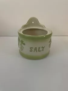 Salt Cellar Crock White Green Hanging Ceramic Wall Pocket Farmhouse Open - Picture 1 of 11