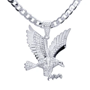 Silver Plated Iced Flying Eagle Pendant 24" Cuban Chain Necklace BCH 13585 S - Picture 1 of 4
