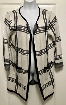 Cárdigan ELLE para mujer XL frente abierto suéter largo manga 3/4 negro marfil a cuadros Foto 1 de 4