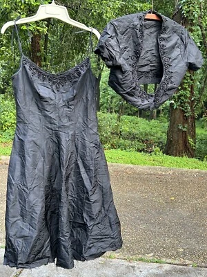 Vintage 40s 50S semi formal dress w/ bolero jacket beaded black spaghetti straps - Image 1 of 4