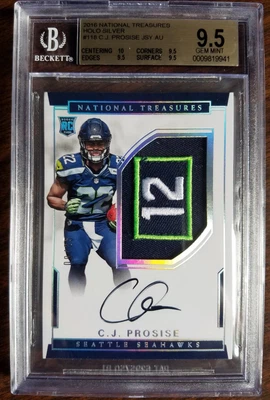 2016 National Treasures C.J. Prosise Auto 12th Man LOGO Patch RC SP /25 BGS 9.5  - Image 1 of 2