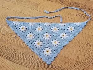 Blue W/ White Daisy Crochet Bandana Head Scarf - One Size - Picture 1 of 4