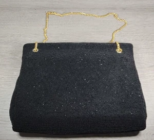 Magid Black Beaded Evening Purse Interior Jewled Kissing Claps Compartment - Picture 1 of 8