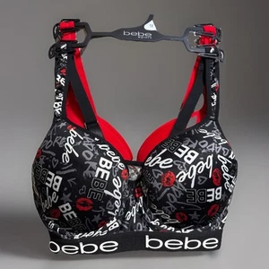 BEBE Sport Bras Set of 2 Size 1X ~ Black Hearts Lips & All Red Padded Underwire - Picture 1 of 8