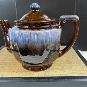Vintage Korean MCM Teapot Brown Pottery Drip Glaze Blue Tone Drip 6 In T 8 In W - Picture 1 of 8