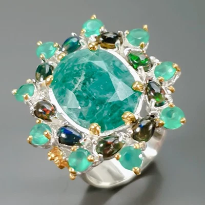 Anillo de berilo verde natural hecho a mano de 10 quilates + plata de ley 925 talla 8/R438701 Foto 1 de 4