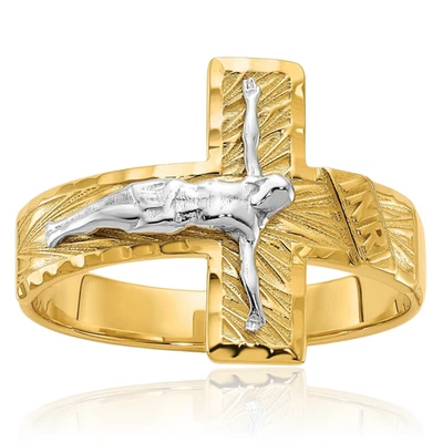 Anillo Cruz Crucifijo Jesús Oro 14K Sólido Dos Tonos Para Hombre Foto 1 de 4