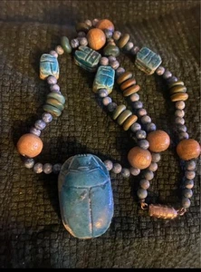 Vintage Egyptian Revival Pottery Bead Large Scarab Necklace Nice! - Picture 1 of 2
