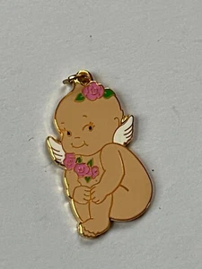 Milestone Products Marked Enamel Kewpie Angle Cupid w Pink Rose Flowers Goldtone - Imagen 1 de 6
