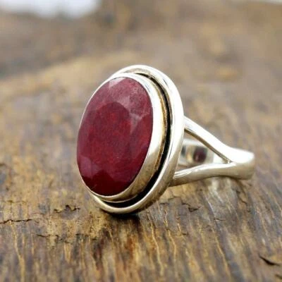 Natural Oval Red Ruby Gemstone 925 Sterling Silver Birthstone Gift Ring Jewelry - Image 1 of 3