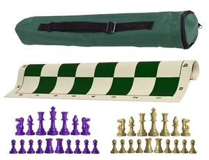 Green Archer Weighted Chess Set - Vinyl Board, Bag w/ Purple & Khaki Gold Pieces - Picture 1 of 5